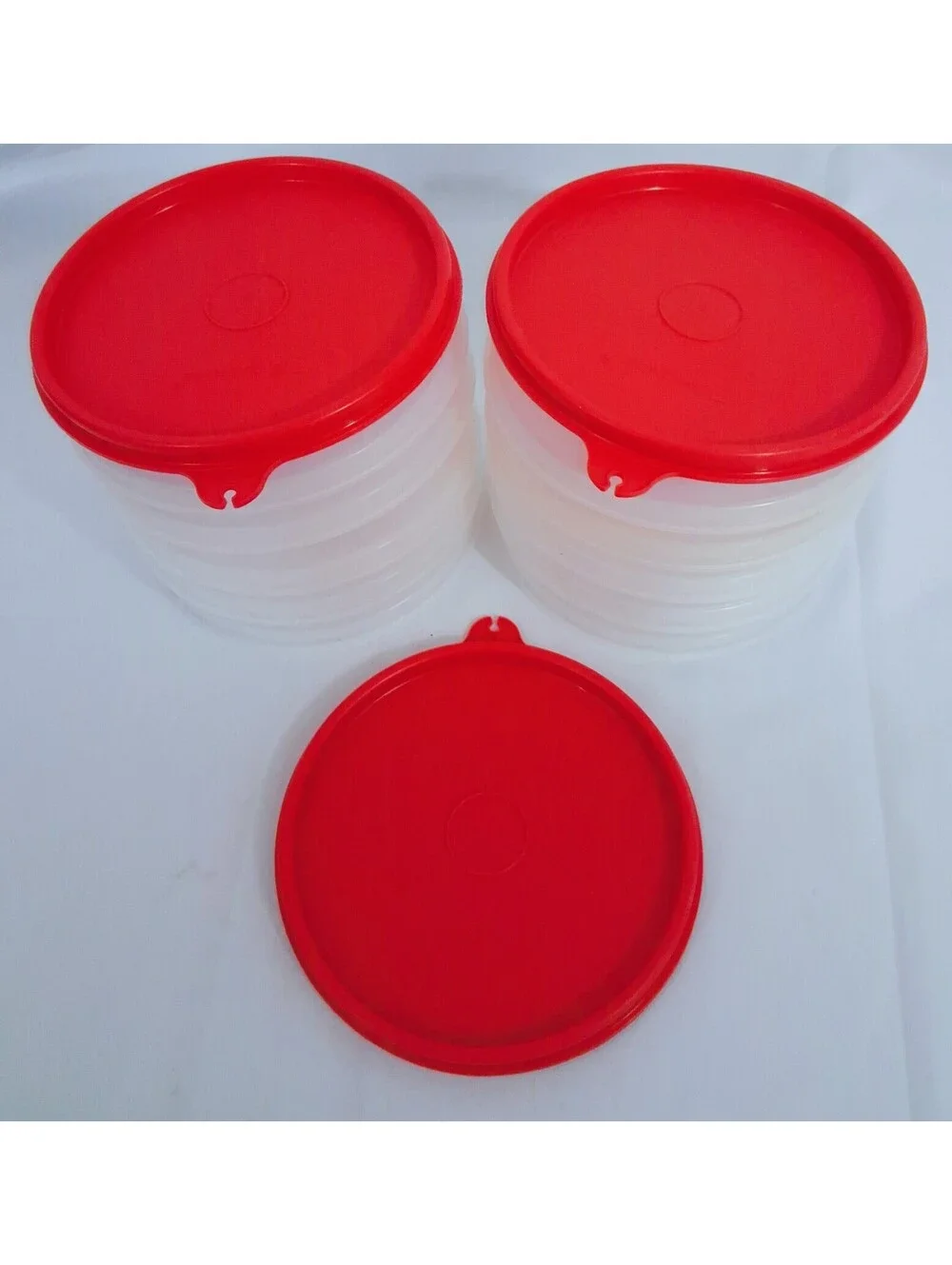 Tupperware 10 Hamburger PATTIE Keepers 1927-2 & 3 RED Lids 1928-4 Total 13 Items
